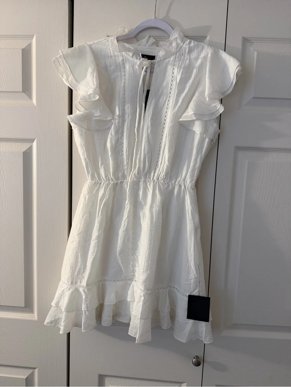 Lulus Tanaya White Flutter Sleeve Tiered Mini Dress size large white lace boho - Picture 4 of 15